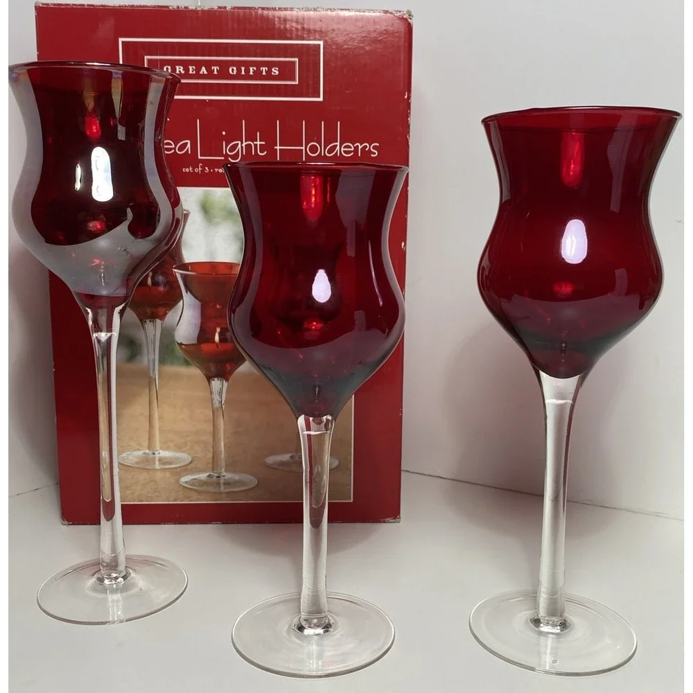 VTG Glass Tea, Light Holders Set Of 3 Red‎ Luster Finish RubyRed Christmas Decor